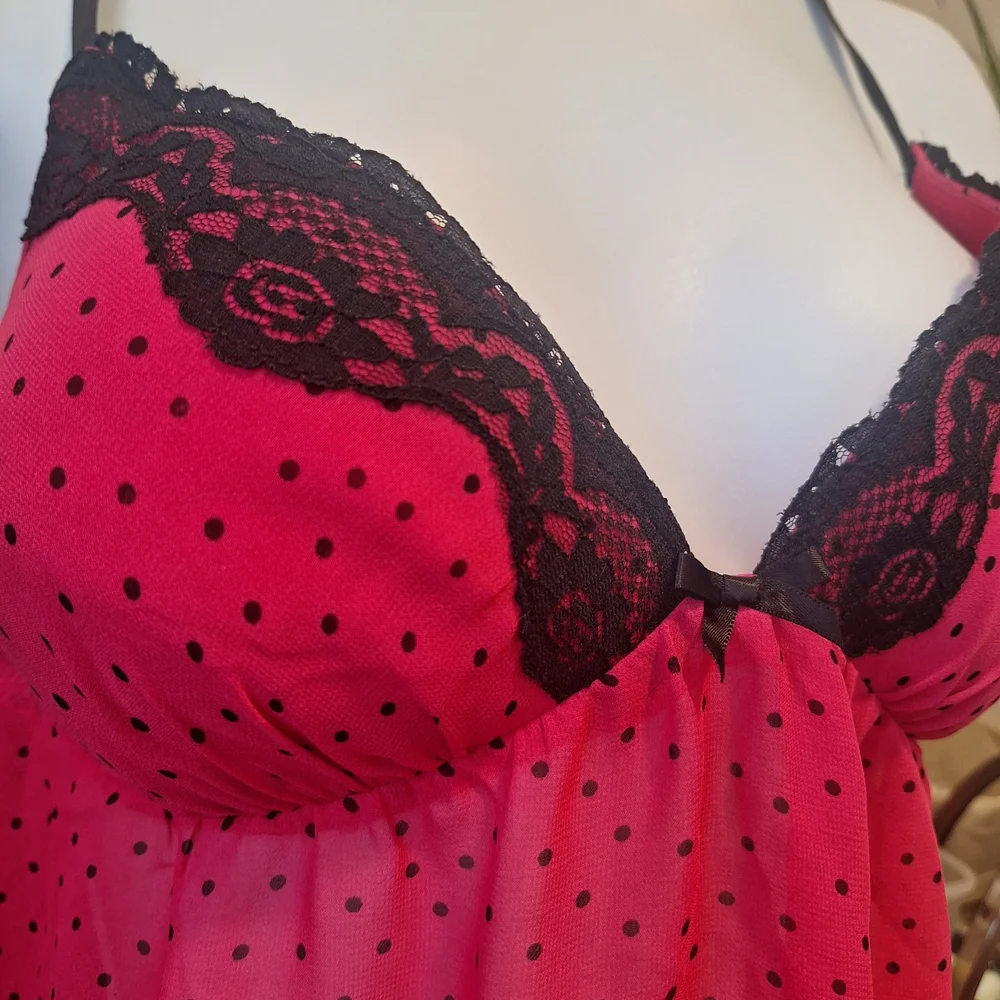 Chic Pink Polka Dot Chemise with Lace Detail Small. Valentines Day